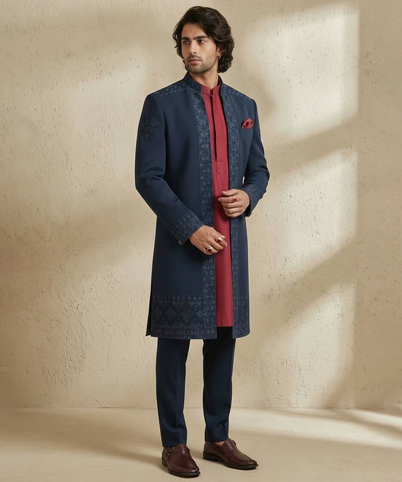 Blue embroidered crepe sherwani