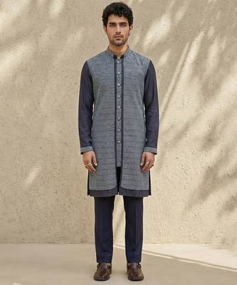 Blue woven cotton silk kurta set 2