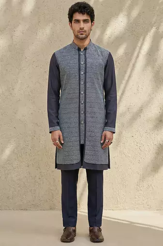 Blue woven cotton silk kurta set