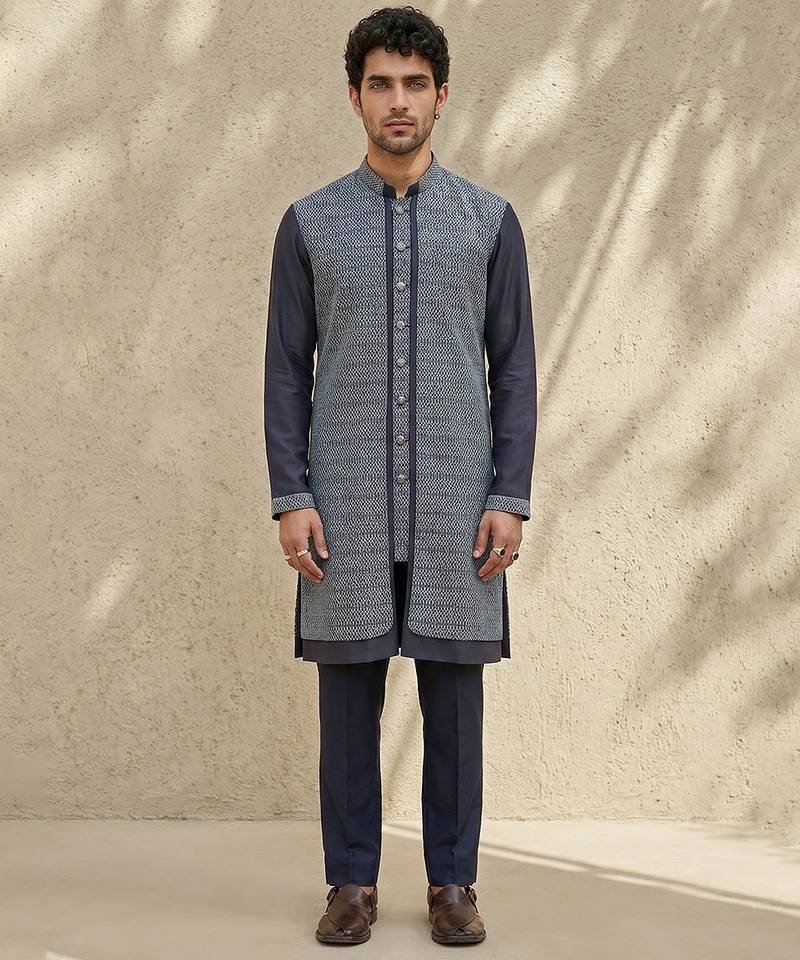 Blue woven cotton silk kurta set