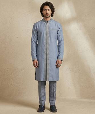 Blue embroidered cotton silk kurta set 1