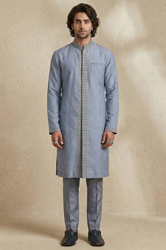 Blue embroidered cotton silk kurta set