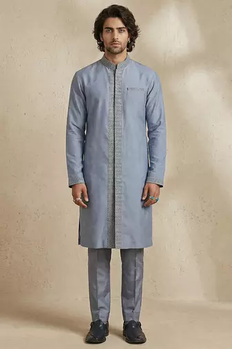 Blue embroidered cotton silk kurta set
