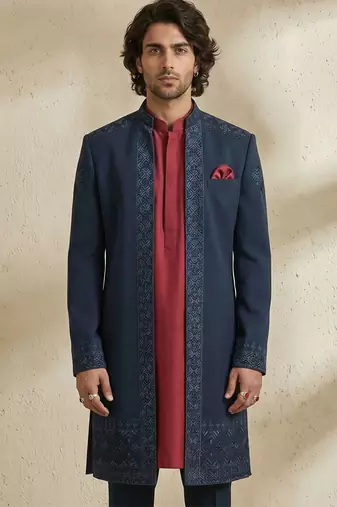 Blue embroidered crepe sherwani