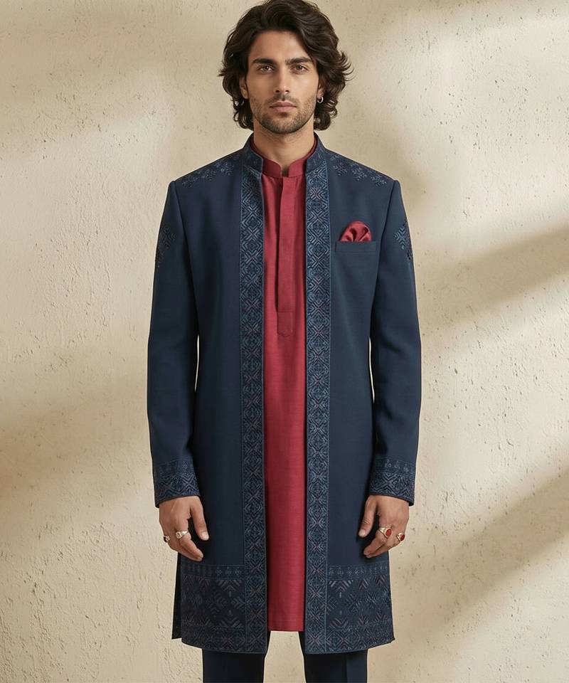 Blue embroidered crepe sherwani