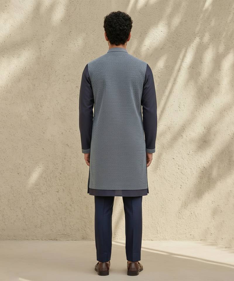 Blue woven cotton silk kurta set