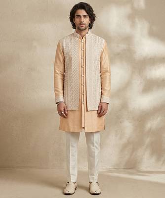 Beige embroidered raw silk kurta set 1