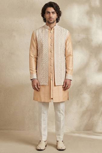 Beige embroidered raw silk kurta set
