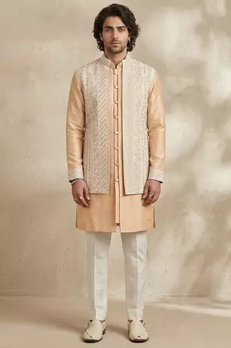 Beige embroidered raw silk kurta set