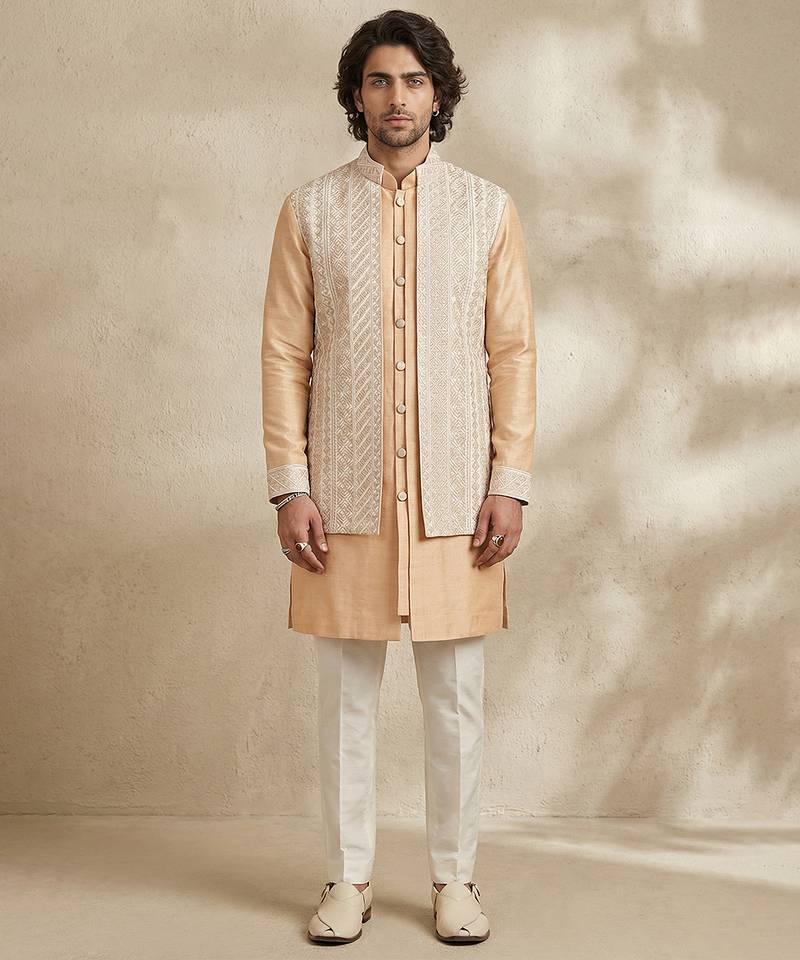 Beige embroidered raw silk kurta set