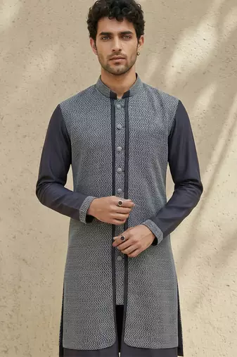 Blue woven cotton silk kurta set