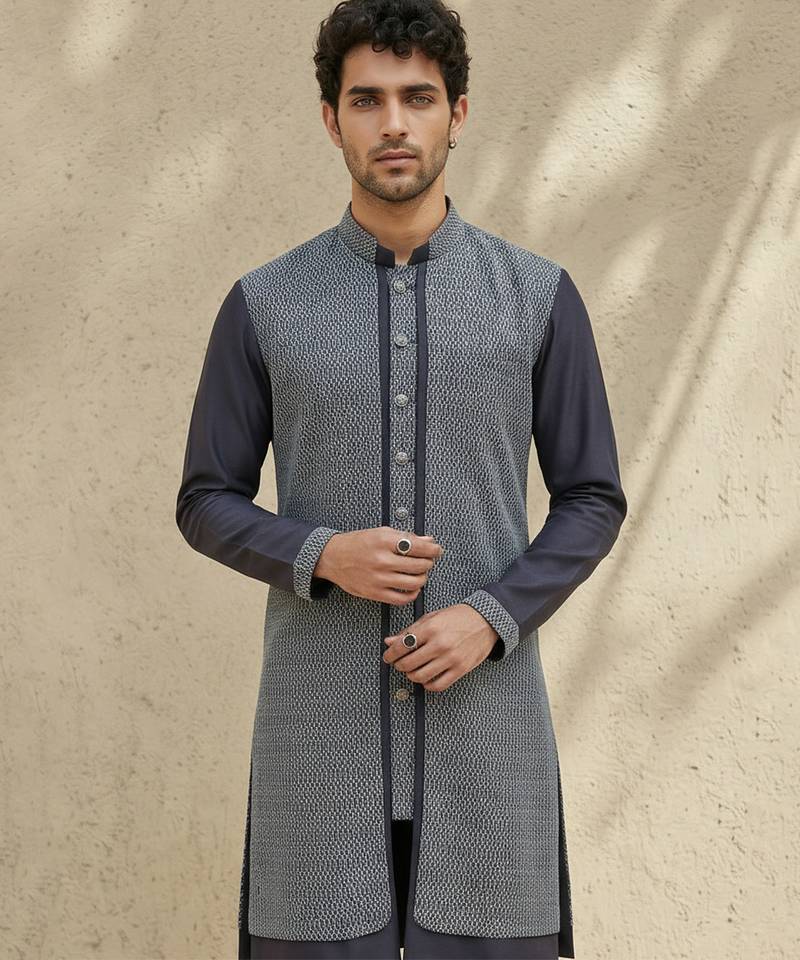 Blue woven cotton silk kurta set