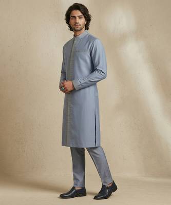 Blue embroidered cotton silk kurta set 3