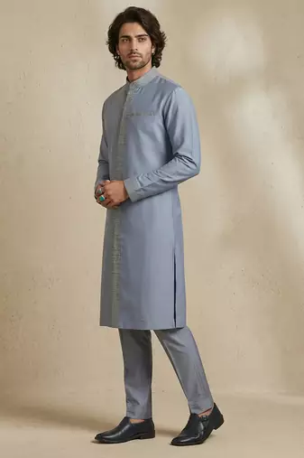 Blue embroidered cotton silk kurta set