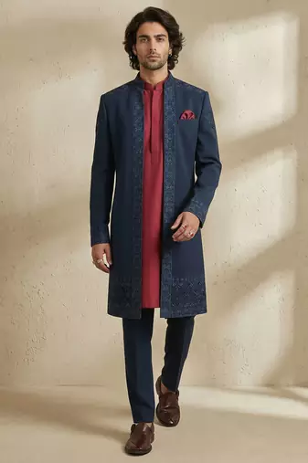 Blue embroidered crepe sherwani