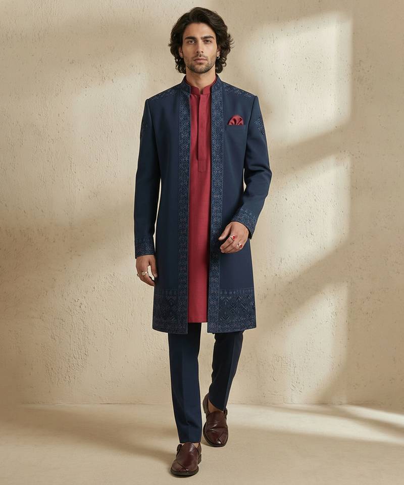 Blue embroidered crepe sherwani