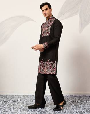 BLACK VISCOSE SILK THREAD & SEQUINS EMBROIDERED WORK FESTIVAL MARRIAGE PARTY WEAR STRAIGHT MENS KURTA WITH PANT 7