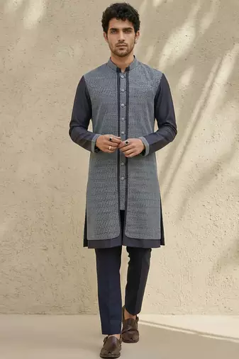 Blue woven cotton silk kurta set