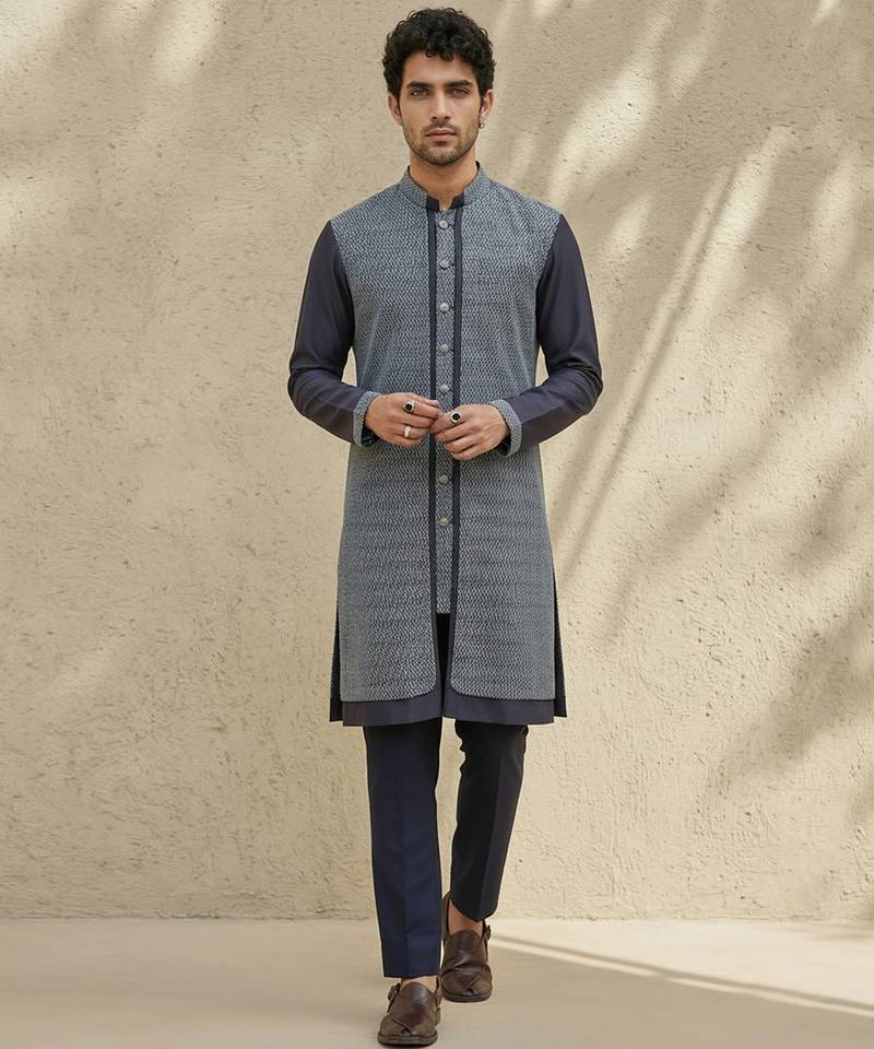 Blue woven cotton silk kurta set