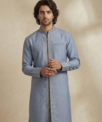 Blue embroidered cotton silk kurta set 4