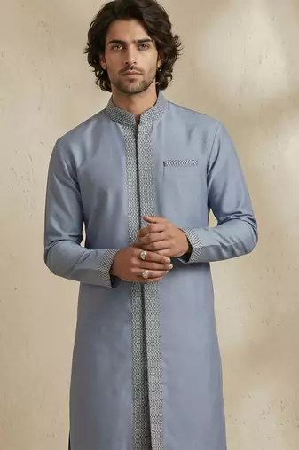 Blue embroidered cotton silk kurta set