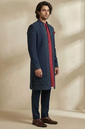 Blue embroidered crepe sherwani
