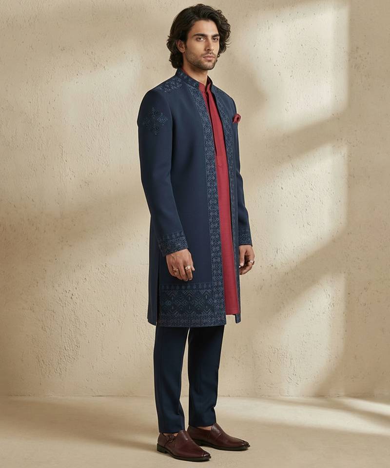 Blue embroidered crepe sherwani