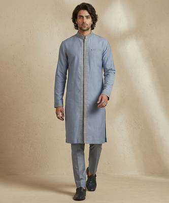 Blue embroidered cotton silk kurta set 5