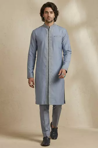 Blue embroidered cotton silk kurta set
