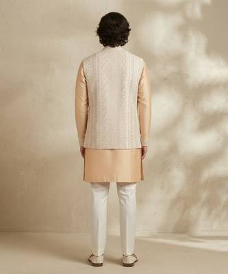 Beige embroidered raw silk kurta set 2