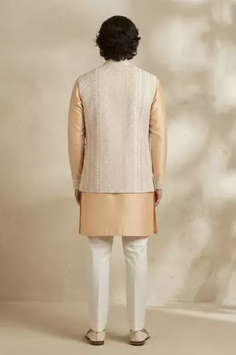 Beige embroidered raw silk kurta set
