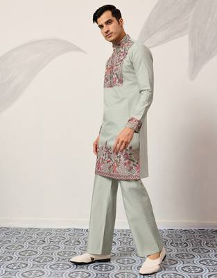 PISTA GREEN VISCOSE SILK THREAD & SEQUINS EMBROIDERED WORK WEDDING FESTIVAL  PARTY WEAR STRAIGHT MENS KURTA WITH PANT 8