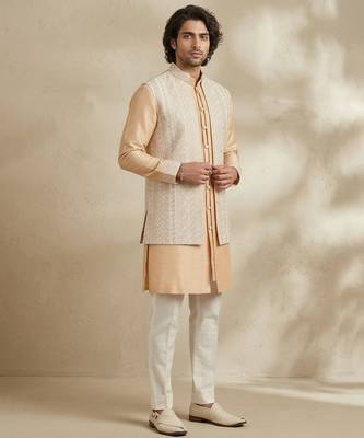 Beige embroidered raw silk kurta set 3