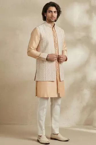 Beige embroidered raw silk kurta set