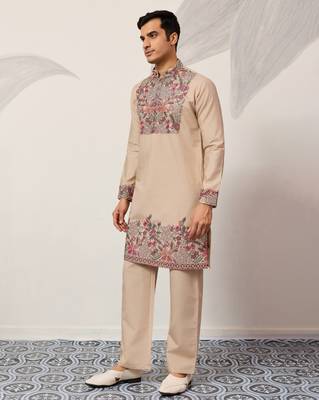 BEIGE VISCOSE SILK THREAD & SEQUINS EMBROIDERED WORK FESTIVAL MARRIAGE PARTY WEAR STRAIGHT MENS KURTA WITH PANT 7