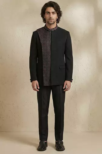 Black crepe bandhgala set