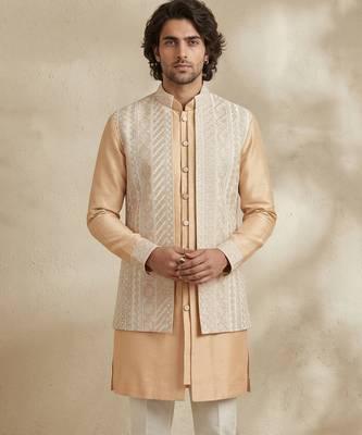 Beige embroidered raw silk kurta set 4