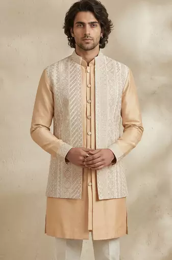Beige embroidered raw silk kurta set