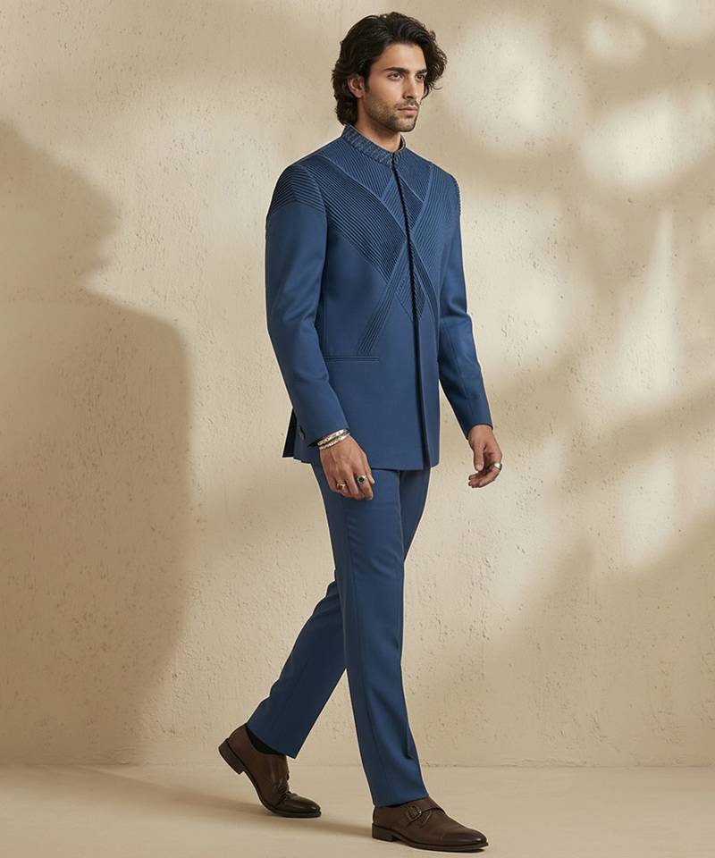 Blue wool bandhgala set