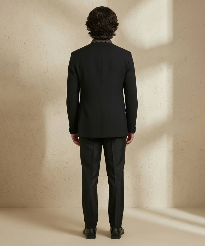 Black crepe bandhgala set