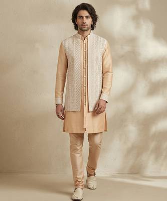 Beige embroidered raw silk kurta set 5