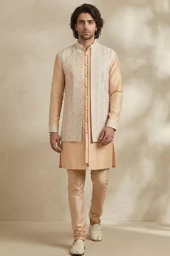 Beige embroidered raw silk kurta set