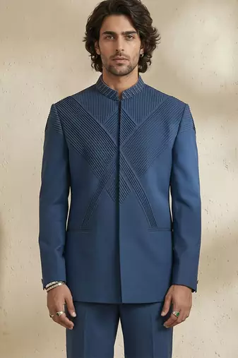 Blue wool bandhgala set