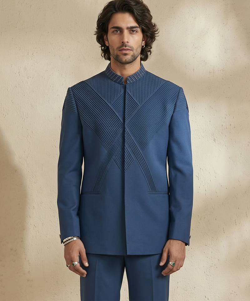 Blue wool bandhgala set