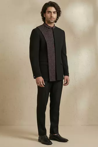 Black crepe bandhgala set