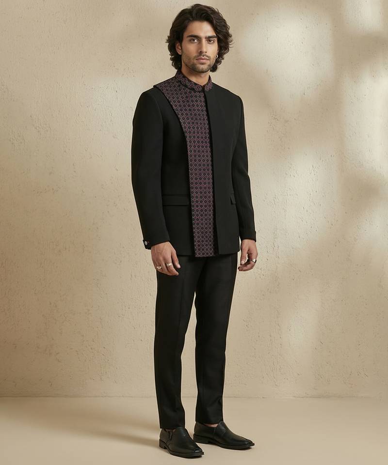 Black crepe bandhgala set