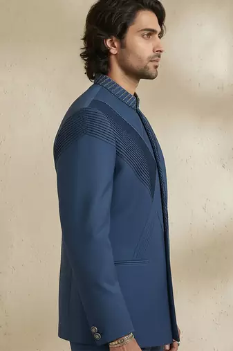 Blue wool bandhgala set