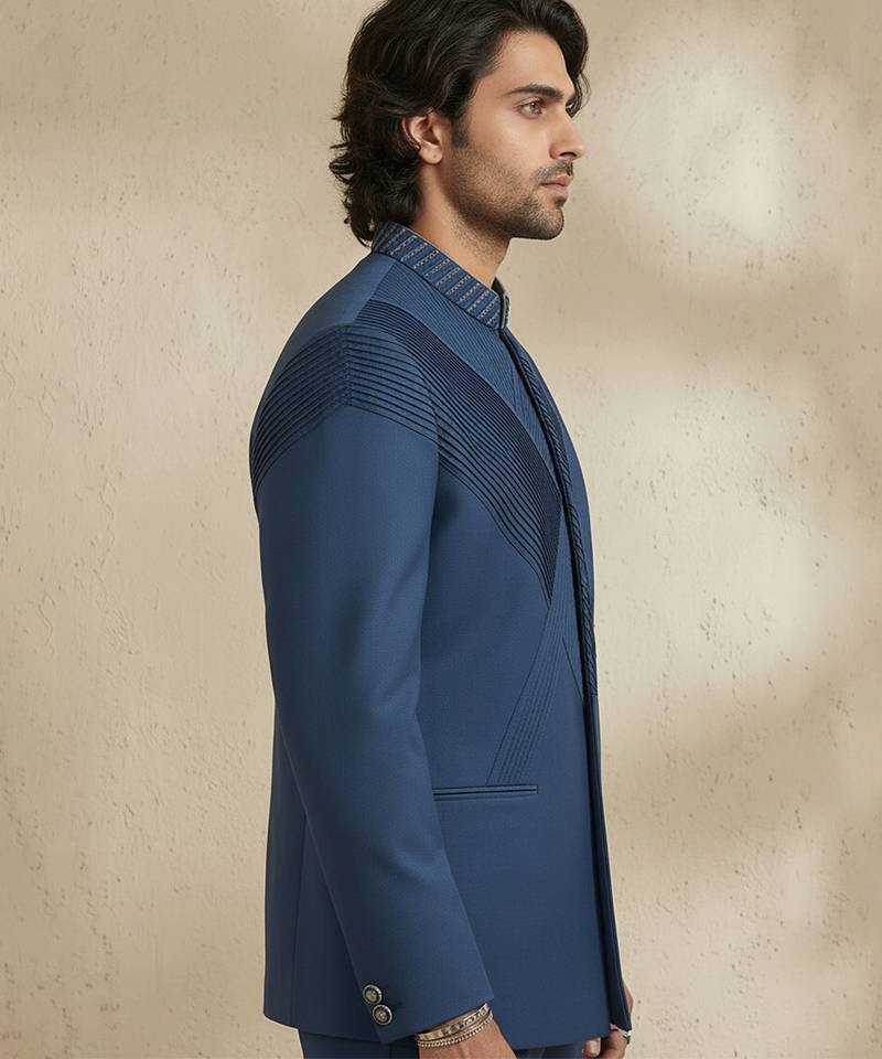 Blue wool bandhgala set