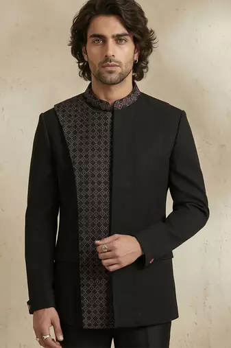 Black crepe bandhgala set