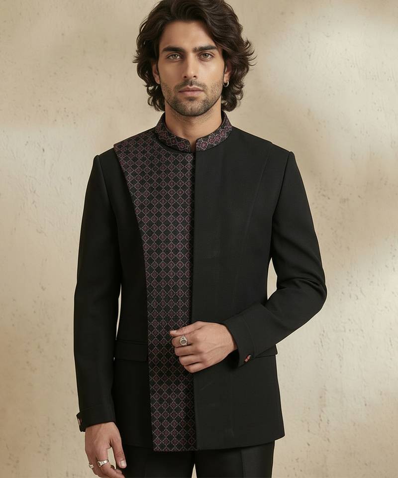 Black crepe bandhgala set